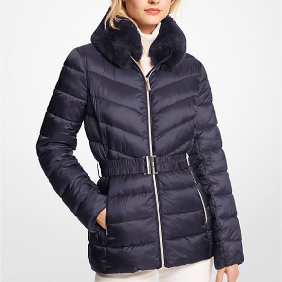 New Michael Kors Navy Faux Fur Trim Quilted Nylon Packable